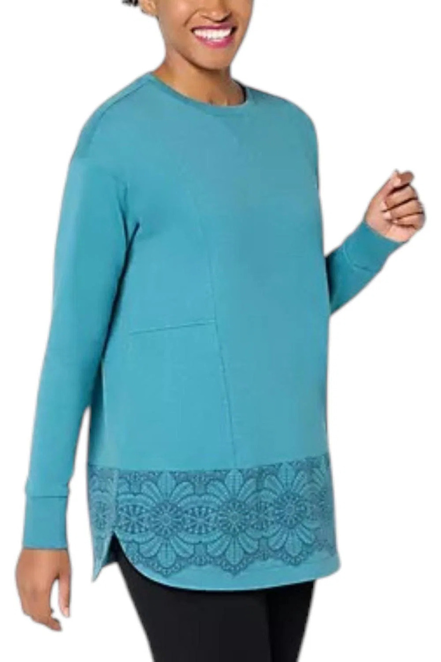 LOGO by Lori Goldstein Women's FchTerry Front Hoodie Colonial Blue - Regular